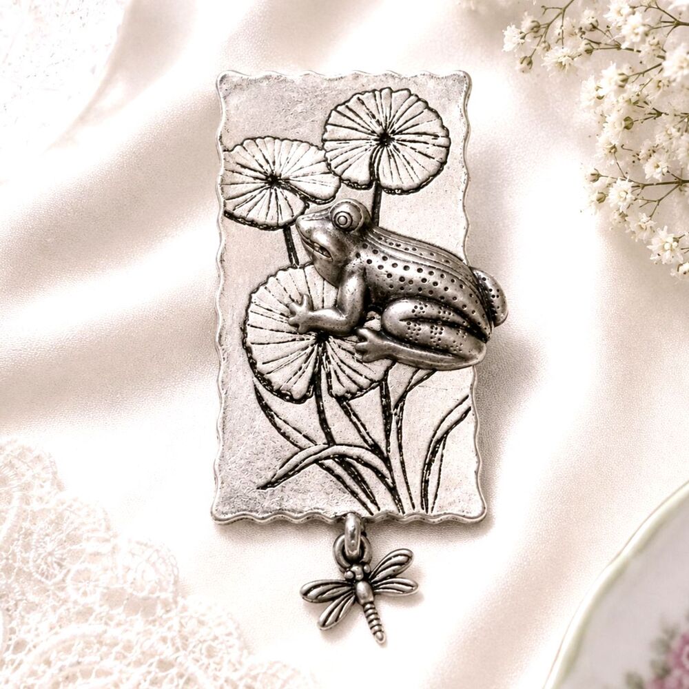 Pewter Tone Frog and Dragonfly on Water Lilies Brooch Pin
